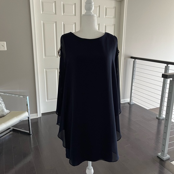 NWT Xscape Navy Blue Sheer Cape Rhinestone Cut-out Cocktail Gown Dress - Picture 13 of 13